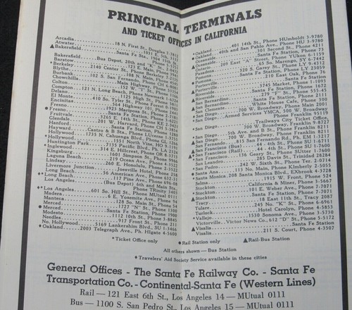 1953 Santa Fe Coordinated Rail-Bus Time Table California Terminal Office List - Picture 2 of 3
