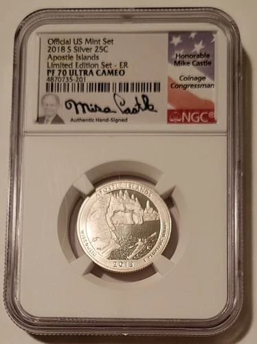 2018 S Silver Apostle Islands NP Quarter PF70 UC NGC ER Mike Castle Signed