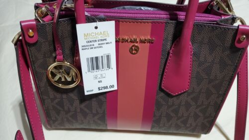 NEW MICHAEL KORS CENTER STRIPE MAPLE SMALL TOTE SATCHEL- IN BERRY MULTI - Picture 1 of 6