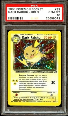 わるいライチュウ　ポケモンカード　Dark Raichu PSA 10 GEM MINT Dark Raichu 83/82 HOLO RARE Team Rocket Pokemon