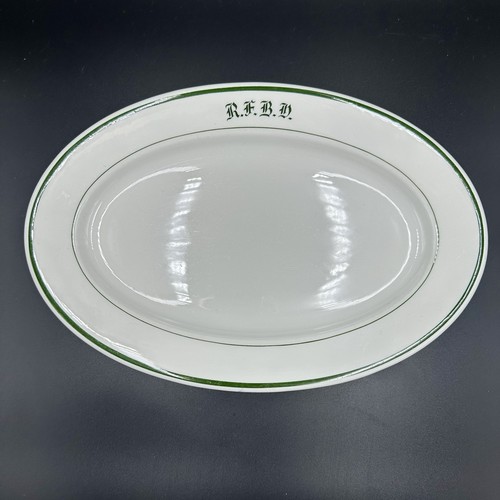 Vintage 4 Shenango 14" Porzellan grüne Streifen Restaurant Geschirr ovale Platte RFBD Monogramm - Bild 4 von 7