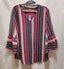 Notations Womens XL Multicolored Stripe Blouse Rainbow Vibrant Artsy Maximal Fun