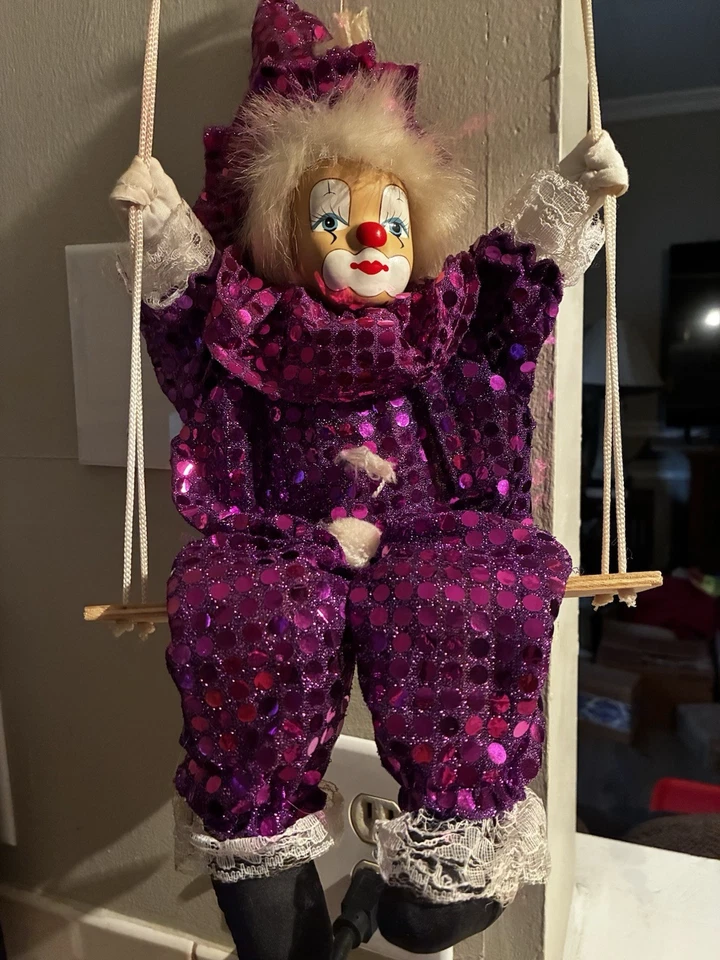 Purple Sequence Clown Sitting On Bench ready To Hang On The Wall. - Image 2 of 2