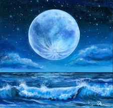 Miniatur Bild handgemalt Natur Nacht Welle Mond blau Nacht  Acryl Welle 25x25 cm