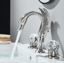 Brushed Nickel Swan Bathroom Sink Faucet 3 Holes 8" Widespread Vanity Mixer Taps