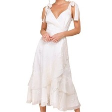 Lulu's Elegant Direction Ivory Embroidered Ruffled Tie-Strap Midi Dress Medium