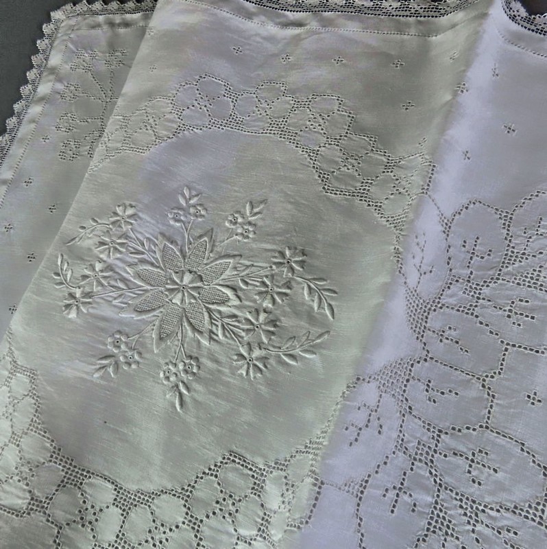 Antique Italian LINEN Pillow Sham MOSAIC Punchwork Hand Embroidery + Filet LACE