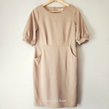Easy Puff Sleeve Sheath Dress M Beige Pockets Officecore Interview Brunch