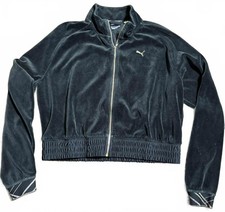 PUMA Womens Velour Zip Up Track High Neck Crop Black Plush Tracksuit Jacket L