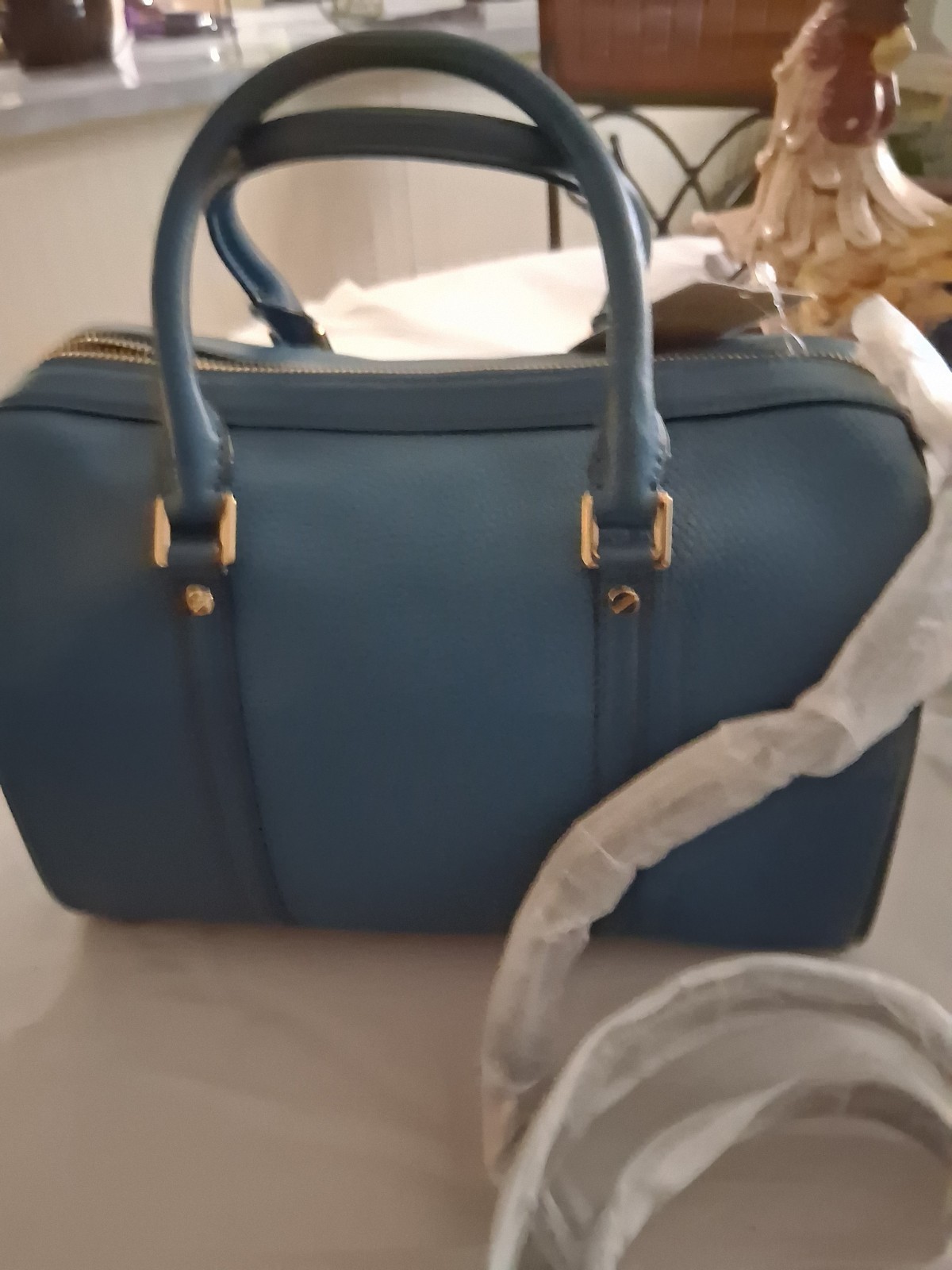 Michael Kors Women's Medium Satchel Top Handle Bag Blue Pebbled Gold Zip Strap 2