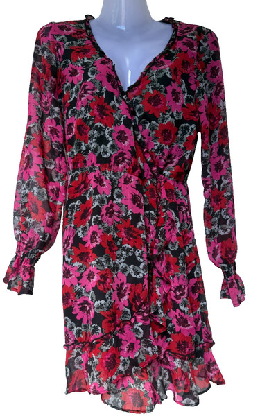 H&M Divided Size 8 Dress Pink Red Floral Faux Wrap Ruffle Long Sleeve Mini