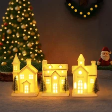 Ceramic White Christmas Village Houses 3Pcs Light Up Small Porcelain Village ...
