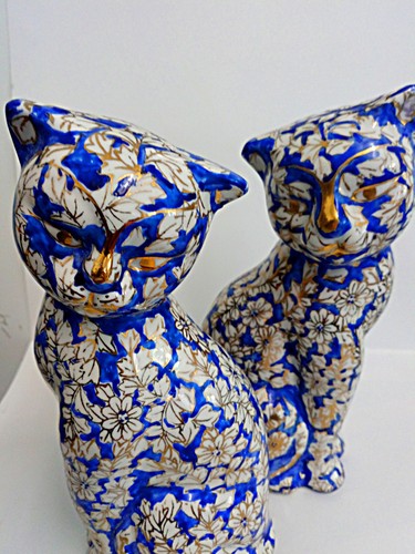 Vintage Pair of Cobalt Blue & Gold Guild Porcelain Floral Cats - Picture 5 of 6