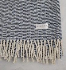 Sferra Celine Throw Navy Blue / Natural 100% Cotton Herringbone 51”x71” Fringe