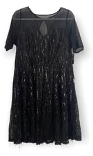 Torrid Illusion Sleeve Skater Dress Sequin Fringe Black Flapper Midi Size 28