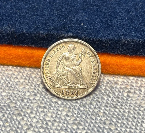 (#102237) Seated Liberty Dime: 1891.  AU/XF.  very lustrous  (see video!)