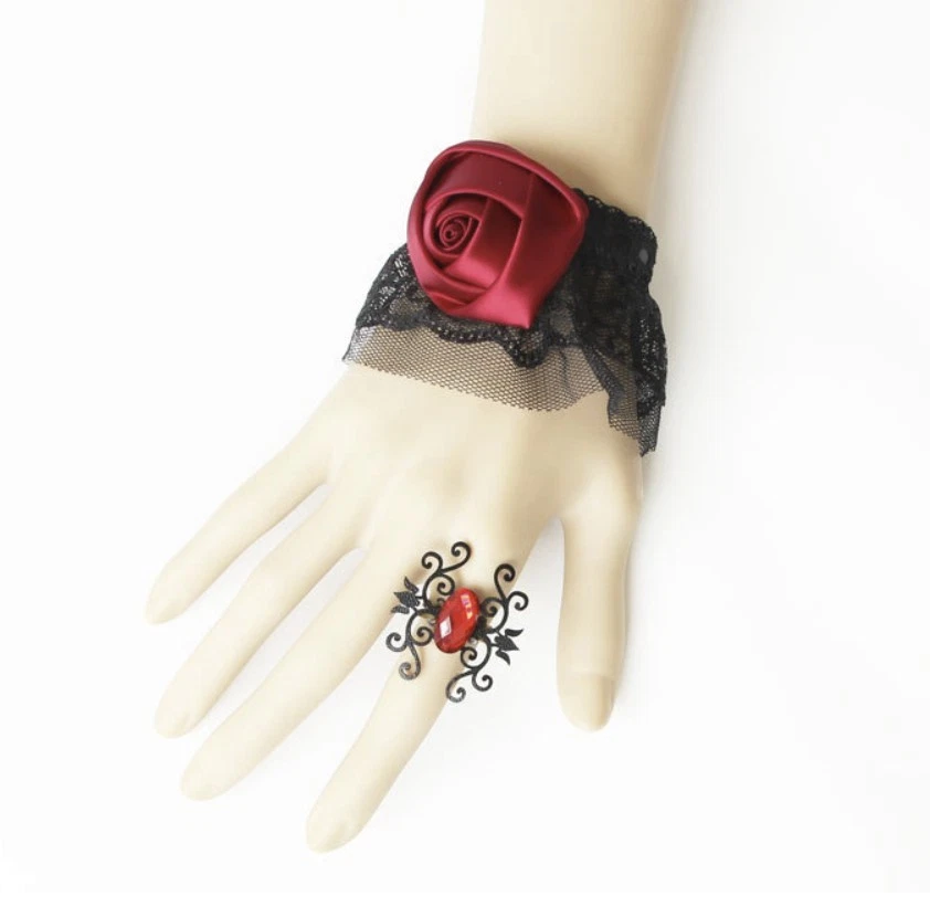 Bracelet manchette femme dentelle noir bordeaux + Bague Réglable gothique - Photo 4/4