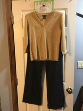 GRACE DANE LEWIS SHIMMERING GOLD BEADED SWEATER M-P + BLACK NINE WEST PANTS (6)