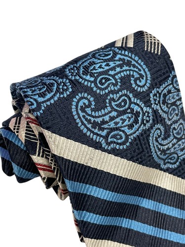 Vtg 70's Oleg Cassini Blue Silver STRIPE Silk Necktie CREST LOGO Paisley Fat Tie - Picture 4 of 5