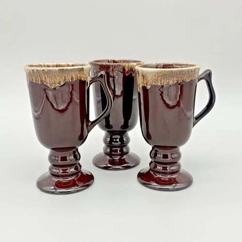 3 Irish Coffee Tassen Hall Keramiksockel braun Tropfglasur 1273 Vintage USA Retro