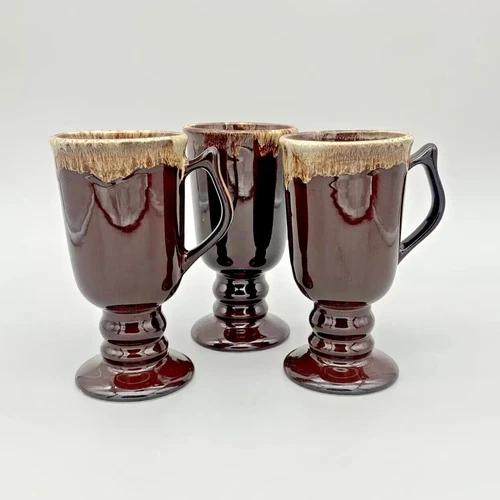 3 Irish Coffee Mugs Hall Pottery Pedestal Brown Drip Glaze 1273 VTG USA Retro