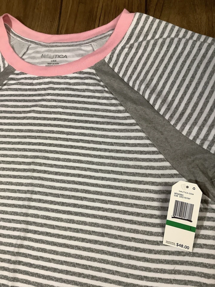 Nautica 睡衣衬衫女式大码短袖白色灰色条纹 — 第 3/4 张图片