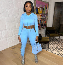 Women's Hollow Out Hoodie Crop w/ Jogger Set Blue IN STORE NOW 