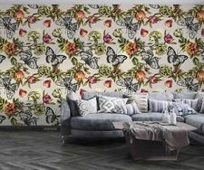 3D Butterfly Floral Hand Drawn Self-adhesive Removeable Wallpaper Wall Mural