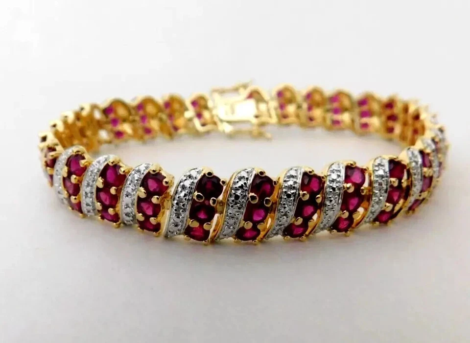 10Ct Round Cut Lab-Created Ruby Men's Tennis Bracelet 14K Yellow Gold Finish - Image 2 of 4