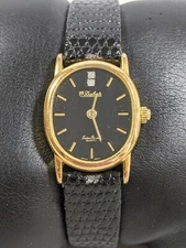 Women's LUCIEN PICCARD "Dufonte" Gold Tone Watch Black Leather Band 8 Inch