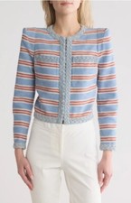 Veronica Beard Women Arrowe Blue Braided Trim Crop Jacket Blazer Size US 12 NWT