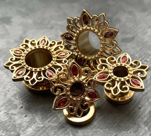 PAIR Tribal Lotus Flower Screw Fit Tunnels Plugs Earlets Gauges Gem Petals - Picture 8 of 11