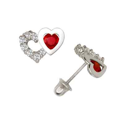 14K Solid White Gold Double CZ Heart Birthstone Studs Screw Back Earrings Love