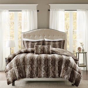 Deluxe Silky Soft Chinchilla Faux Fur Tan Brown Comforter King