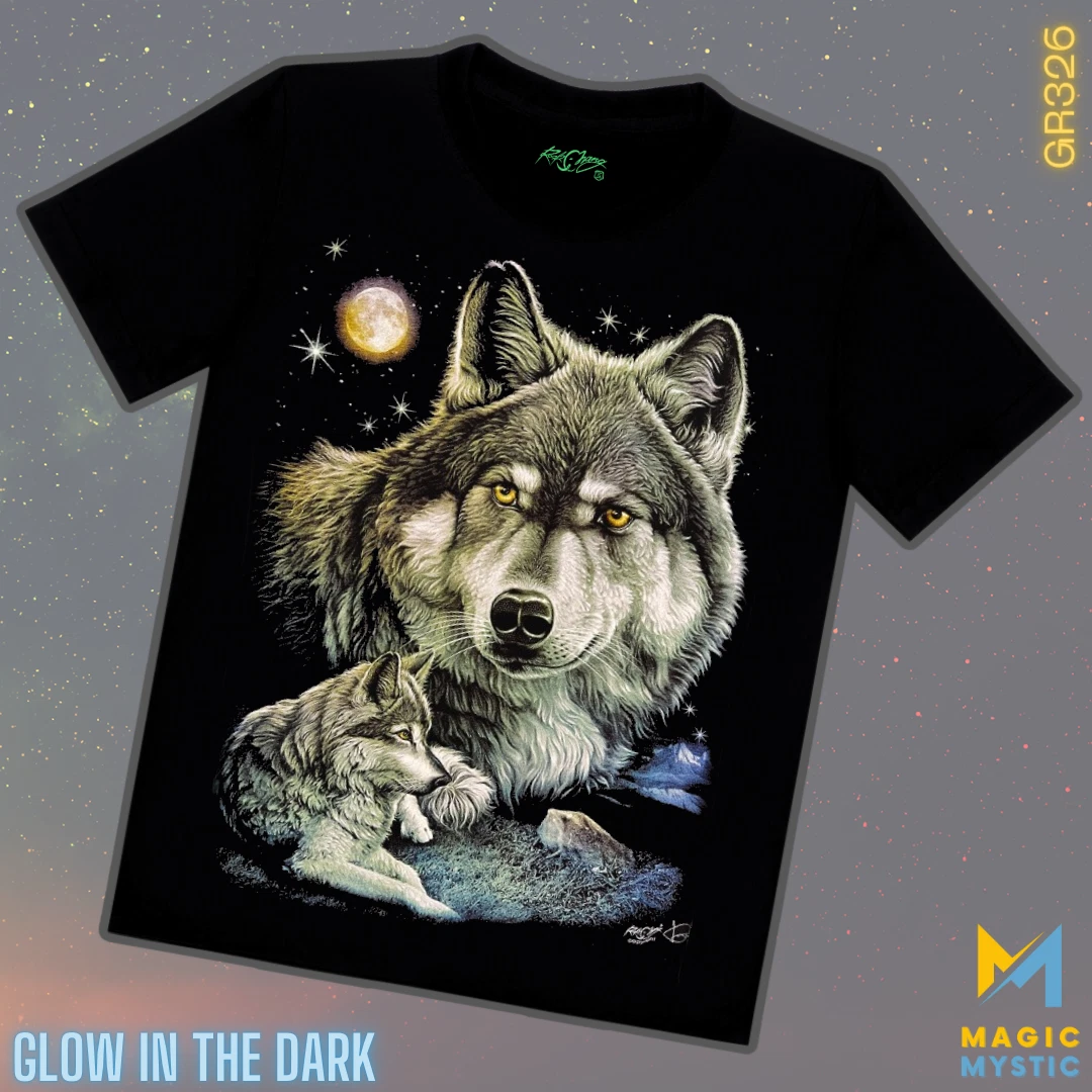 Black T-Shirt Rock Chang Original Grey Wolf Moon Nature Glow in the Dark Unisex