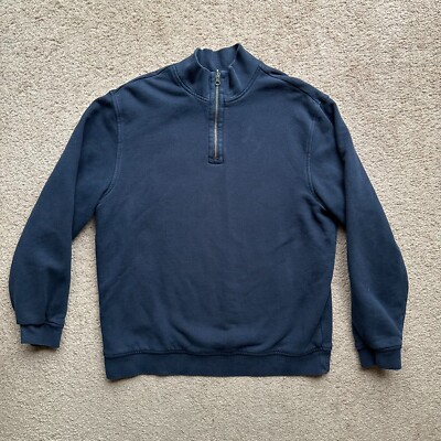 LL Bean Sweater Mens Large Tall 1/4 Zip Mock Neck Flannel Lined Thick Navy Blue