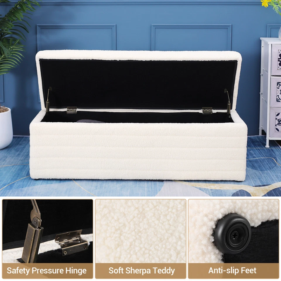45" Upholstered Storage Ottoman Bedroom Teddy Velvet Bench End of Bed Stool US - Image 2 of 4