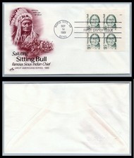 US FDC # 2183 28c Sitting Bull  ArtCraft Plate Block UR, L.Cancel 1989, 9Q3732
