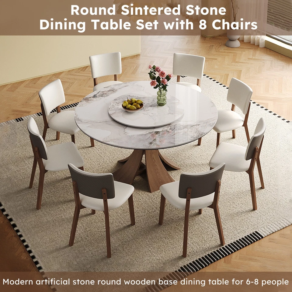 9 Pieces Sintered Stone Dining Set 59"  Table W/ a 35" Round Turntable 8 Chairs - Image 4 of 4