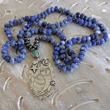 New Jes Maharry Defend Nature Owl Silver Pendant / Blue Gemstone Bead Necklace