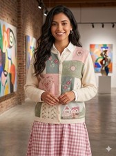 Cottagecore Patchwork Embroidered Beaded Cardigan Button-Front Sweater