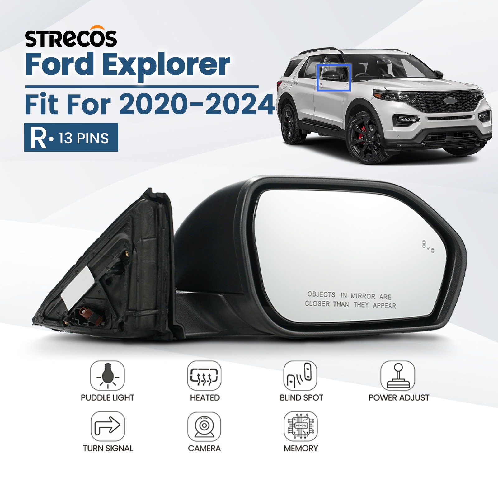 Side Mirror For 2020-2024 Ford Explorer Heated W/Blind Spot &Camera Right 13 Pin