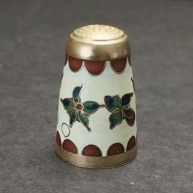 Floral Mixed Material Sewing Thimble Brass Trim Vintage Original Collectible