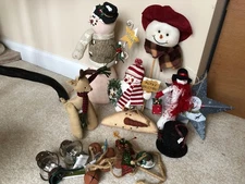 Lot of various cute snowmen Christmas decorations, bells rustic Holiday snowman