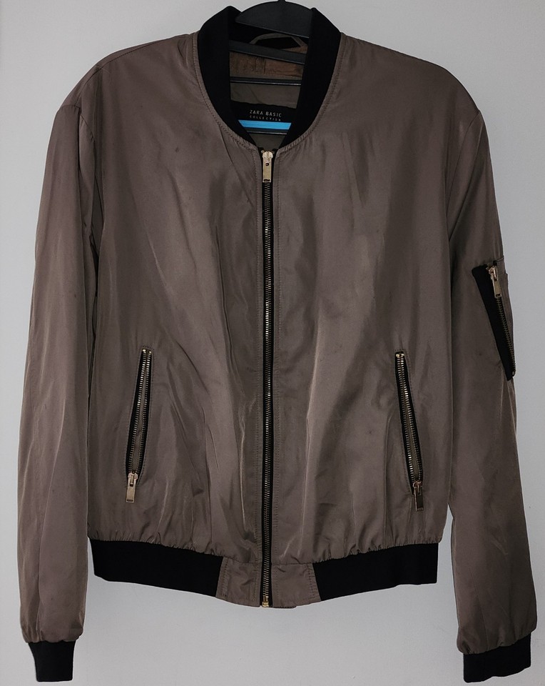 Zara Taupe Bomber Jacket Cropped khaki Zip AU 8 Tagged S Model Off Duty