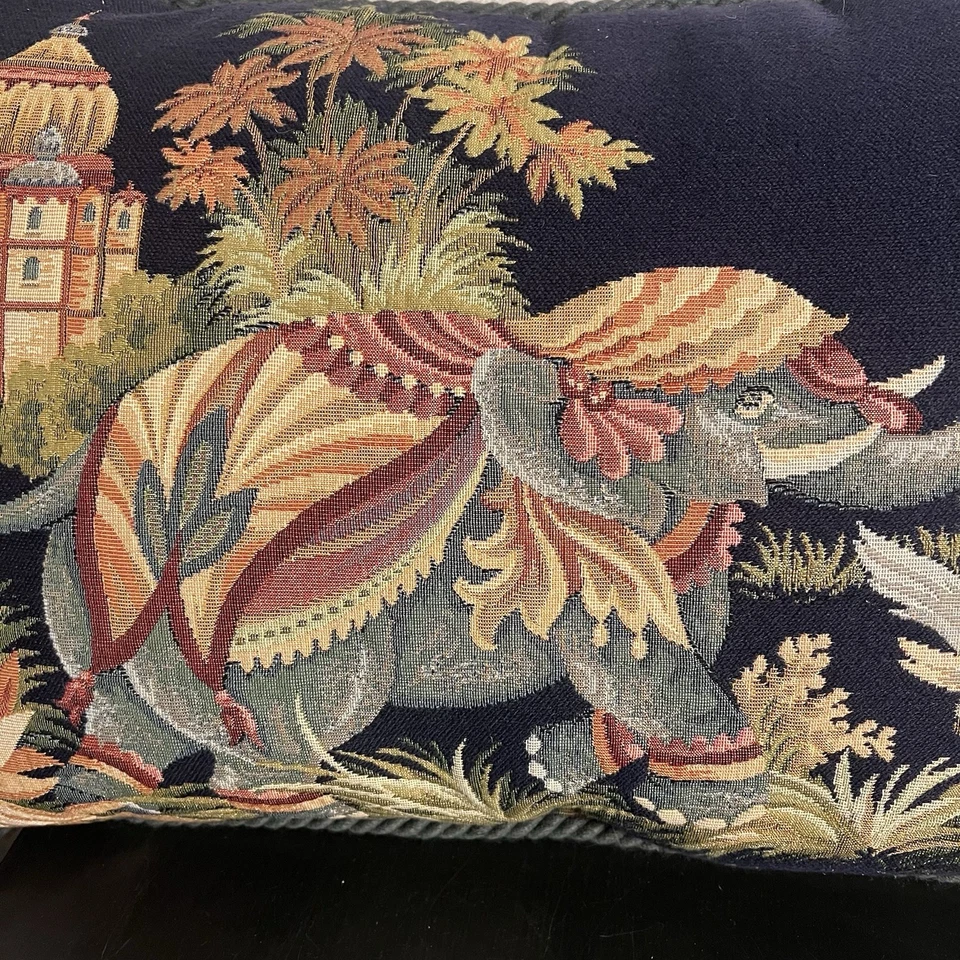 Ashford Court Elephant Tiger Trim Accent Throw Pillow Tapestry India Navy Blue - Image 3 of 4