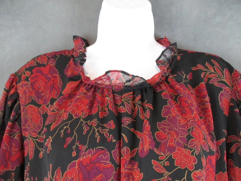 Blusa Anne Klein Mujer 3X Negra Roja Floral Volantes Cuello Manga Larga Top Transparente Foto 2 de 4