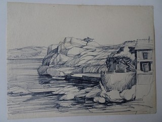 Original pen drawing "Coastal landscape untitled attributed to Max Thannhäuser
