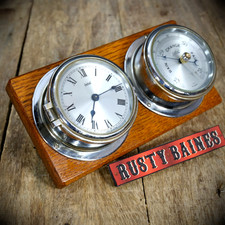 Vintage Sestrel Ship's Style Clock & Barometer Set on Oak Wall Panel