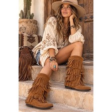 Minnetonka Womens 3-Layer Fringe Suede Moccasin Boots Brown Size 6